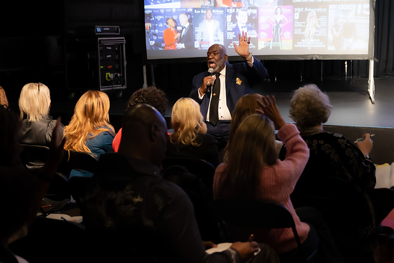 Sir Dr. James Dentley III delivering a powerful moment at Top Talent Hollywood